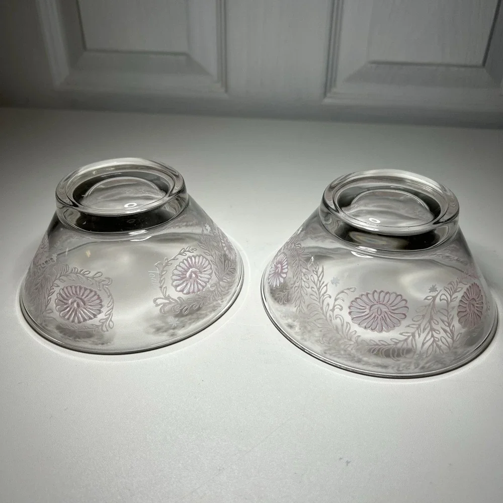 2-Vtg Todd Glass Clear Glass Fruit or Dessert Bowls Pink White Daisy